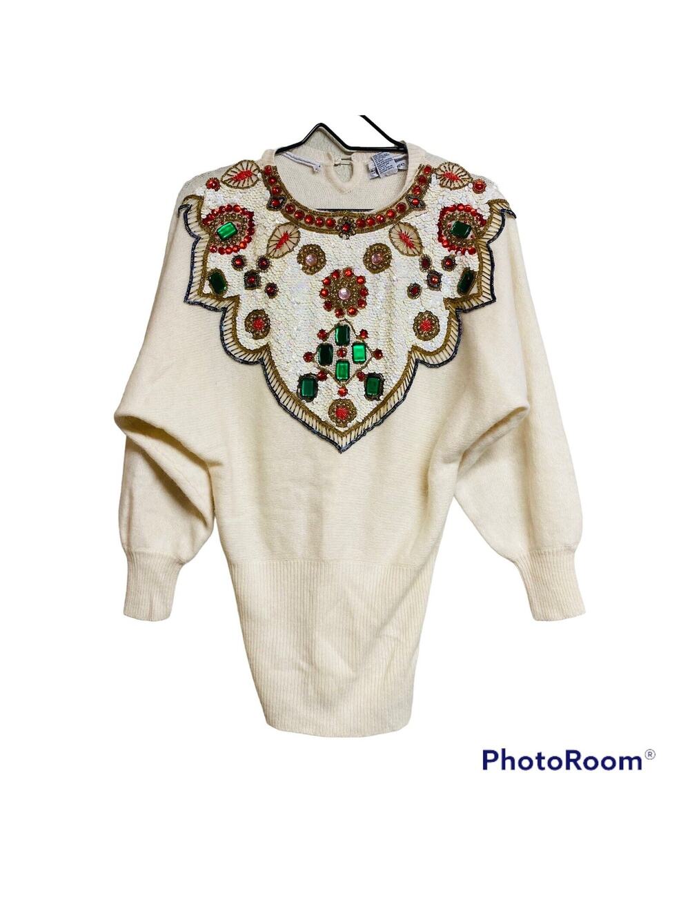Vintage Semplice Beaded Sequin Bib Sweater Sz MD Ivory Oversized Lambswool Fuzzy